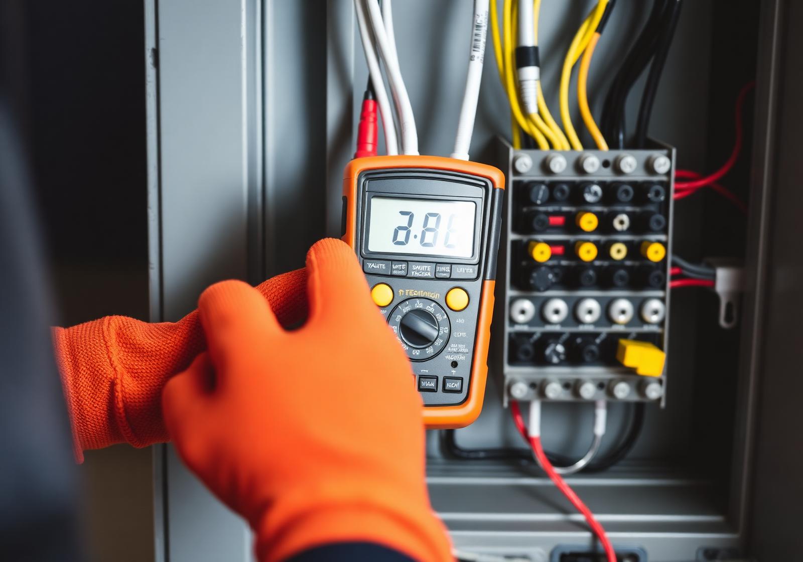 Electrician carefully testing wiring with a multimeter